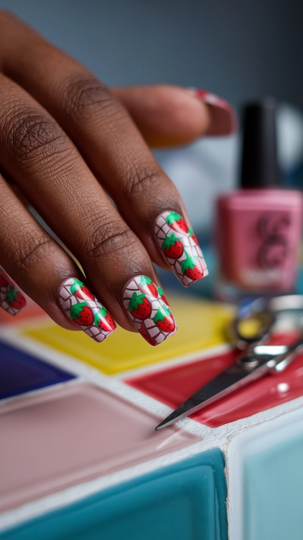 Close-up of hands with strawberry mosaic nail design, featuring red strawberries on a grid background.