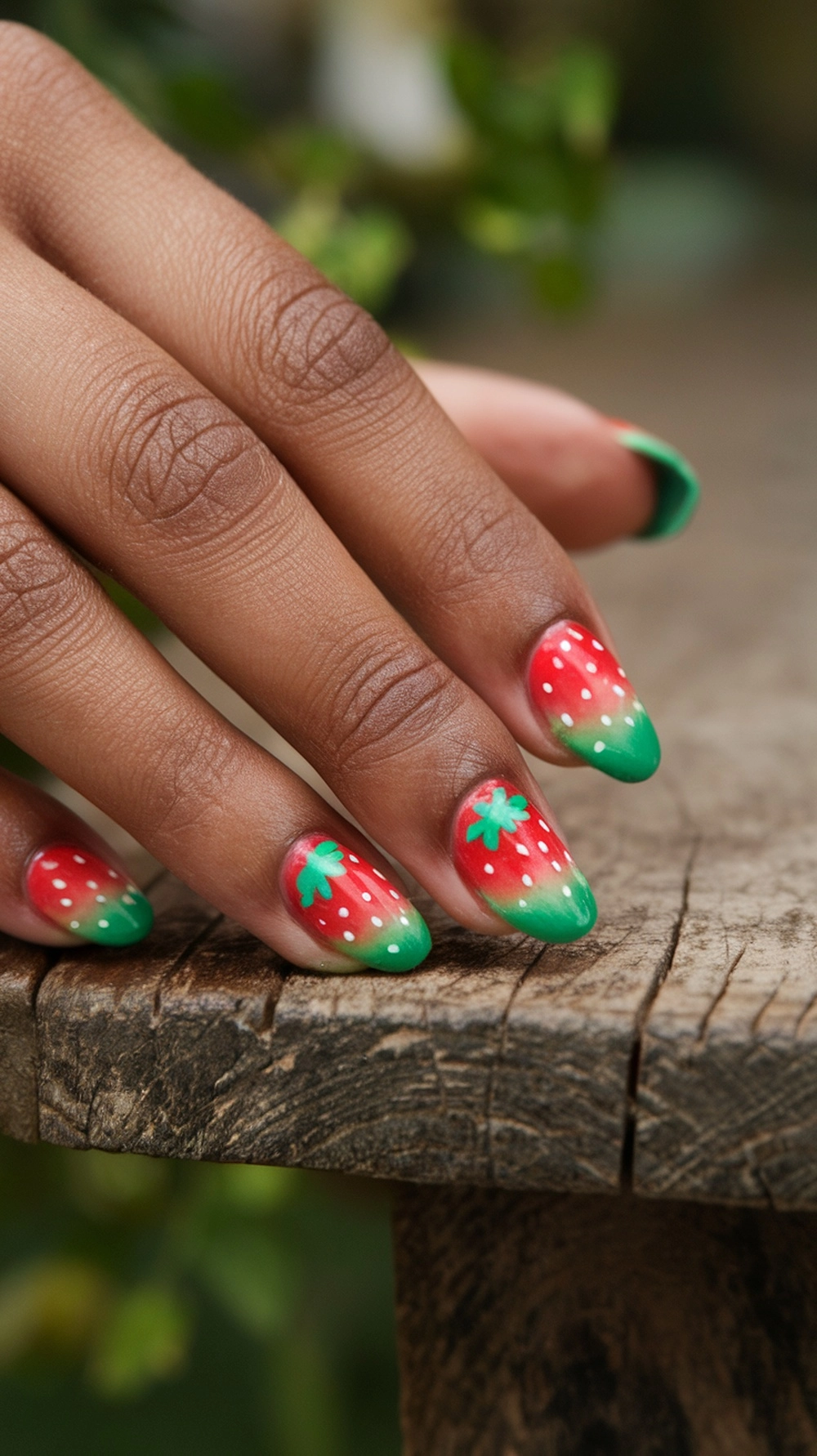 Nails designed with a strawberry theme featuring red and green colors.