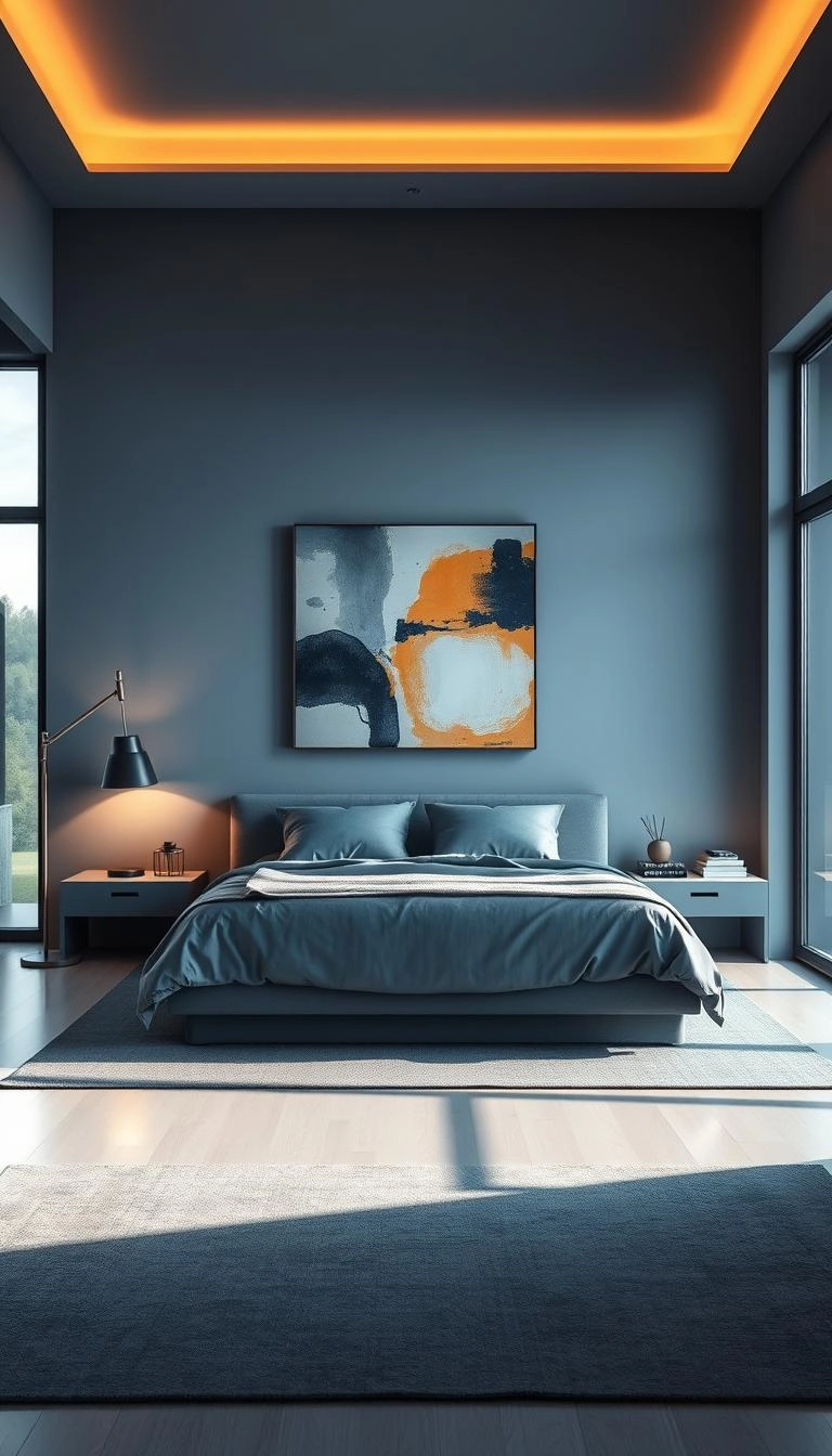 stylish blue gray bedroom with artwork