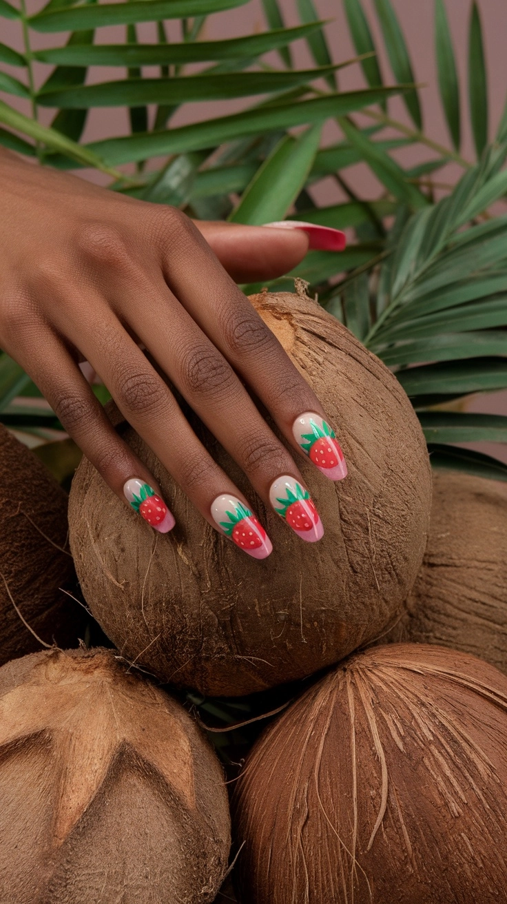 A hand with strawberry nail art resting on tropical leaves and flowers.