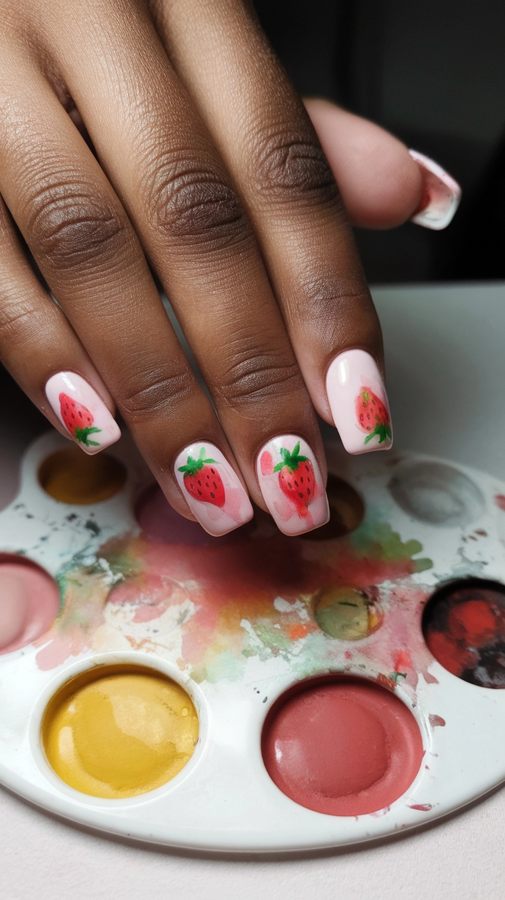 A hand with watercolor strawberry nails featuring pink background and vibrant strawberry designs.