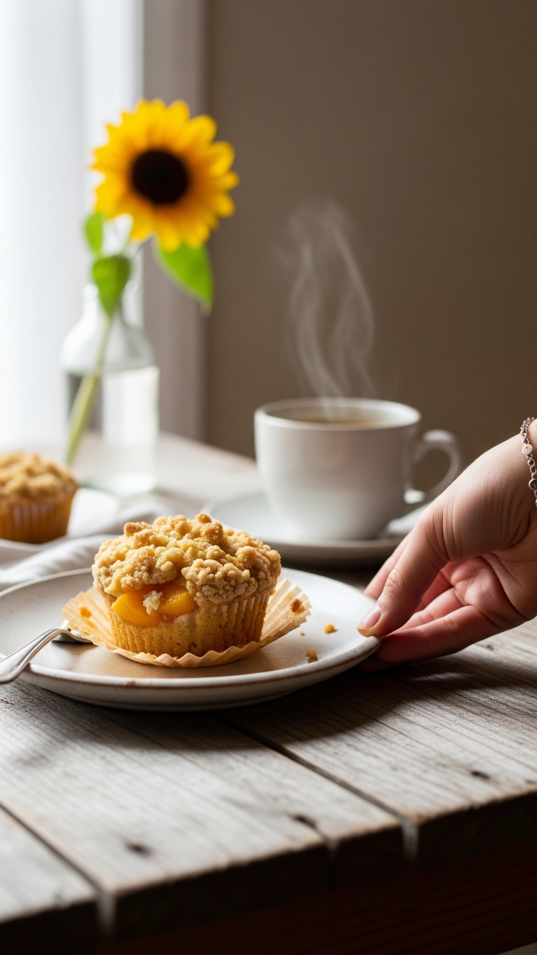 The delicious result of a summer Peach Muffin Recipe: a hand places a peach crumble muffin on a rustic plate next to a cup of coffee.