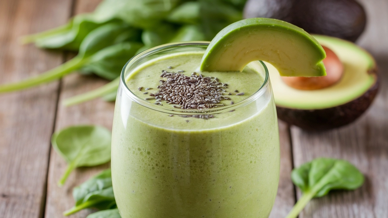 The Easiest Creamy Avocado and Spinach Keto Smoothie 1 A glass of creamy keto smoothie made with avocado and spinach, topped with chia seeds, set on a wooden table surrounded by fresh ingredients.