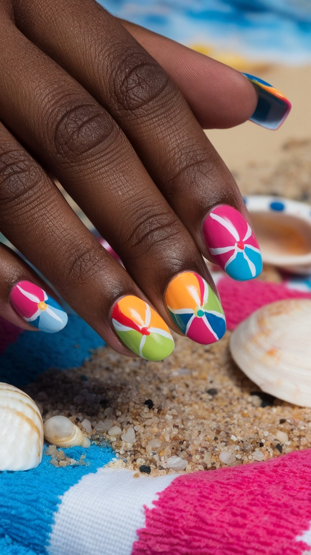 Colorful beach ball nail design on a hand with a sandy background