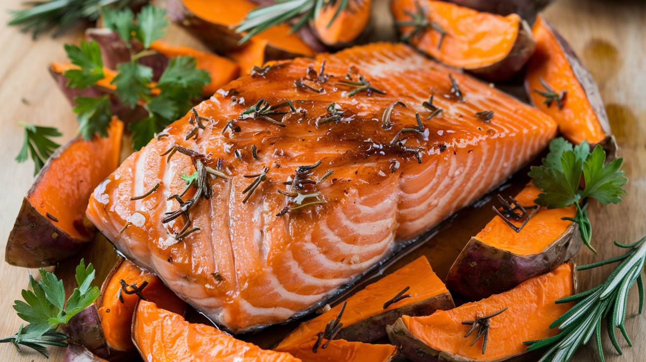 Best Maple Glazed Salmon with Roasted Sweet Potatoes
