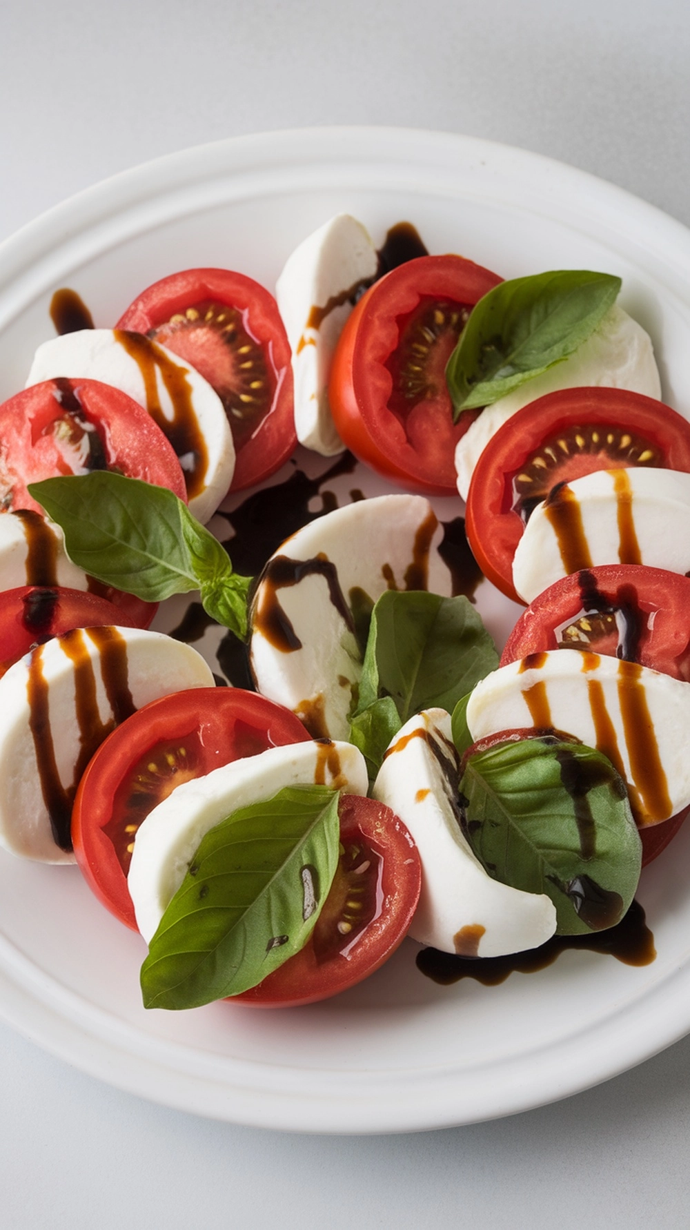 A plate of Caprese salad with fresh mozzarella, tomatoes, and basil drizzled with balsamic glaze.