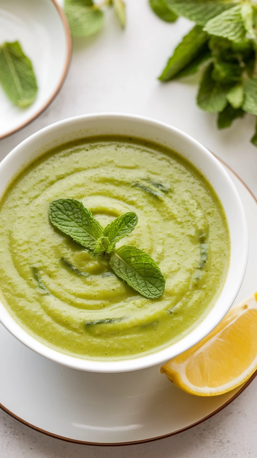 A bowl of chilled cucumber and mint soup garnished with mint leaves and a slice of lemon.