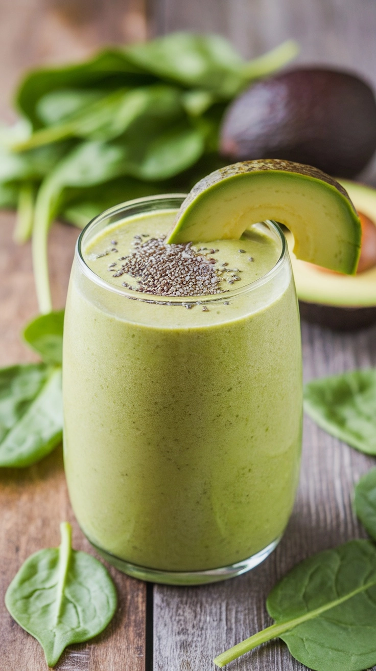 A creamy avocado and spinach keto smoothie in a glass, garnished with chia seeds, on a wooden table with fresh ingredients.