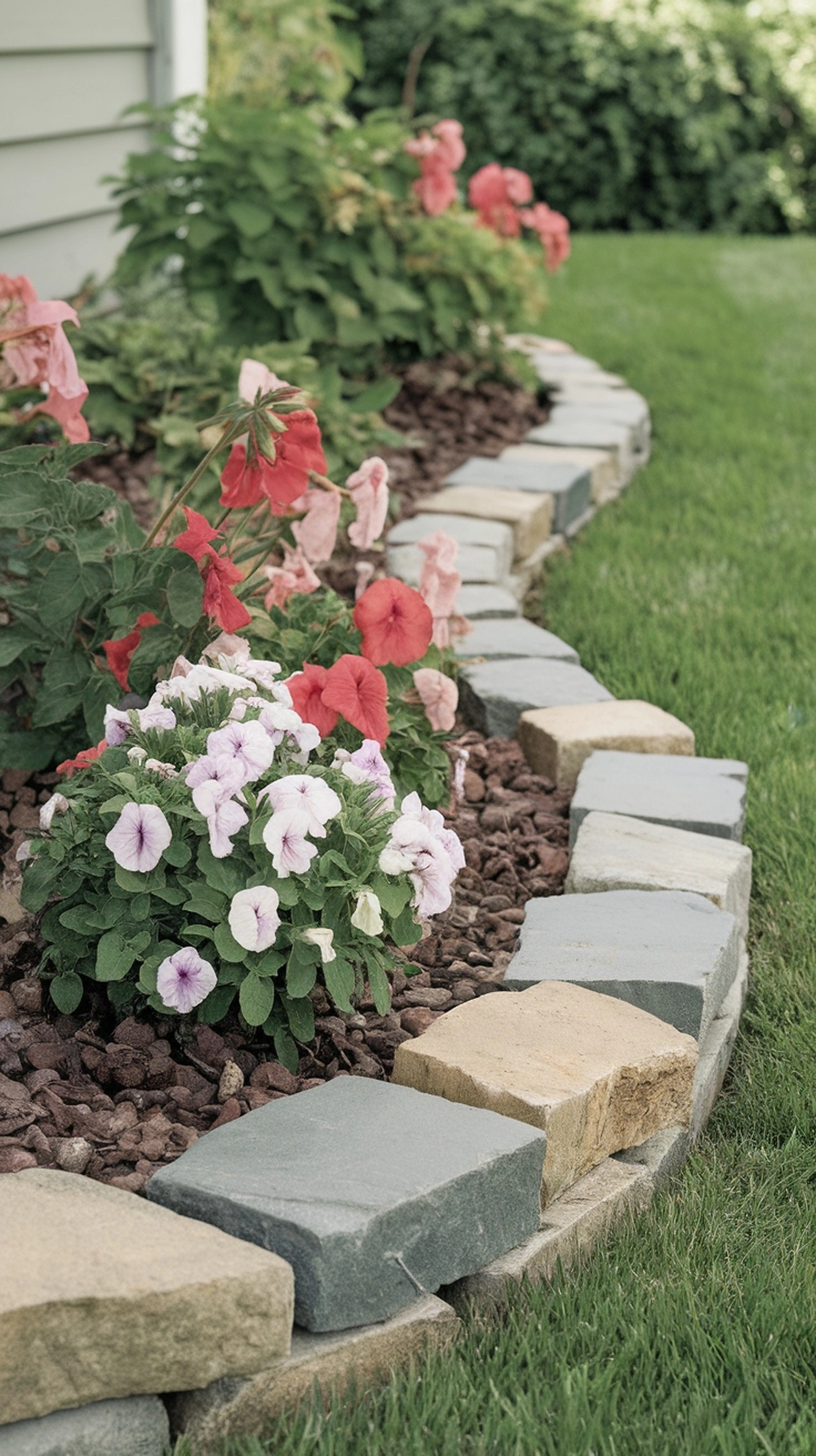 DIY flower beds edging installation in front of house