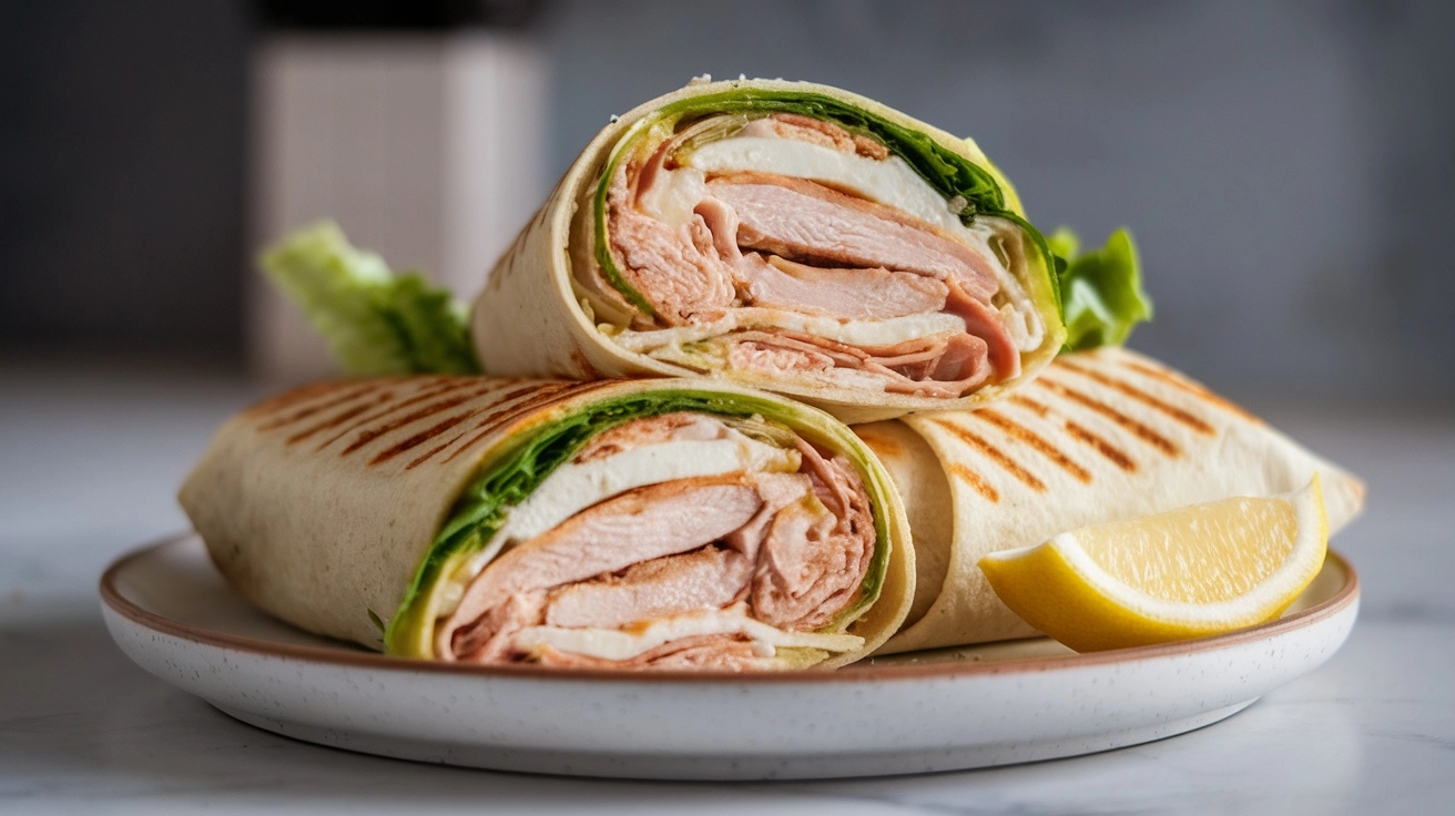 Realistic chicken Caesar wrap with grilled chicken, egg whites only, romaine, parmesan, and creamy Greek yogurt dressing on a board.