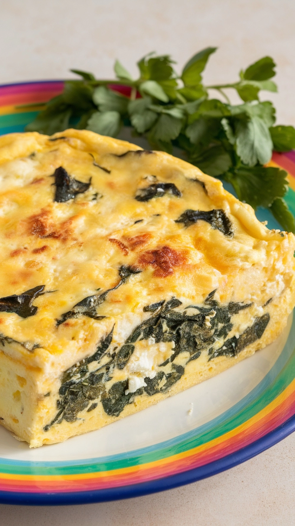 A slice of egg white frittata with spinach and feta on a colorful plate, garnished with fresh herbs.