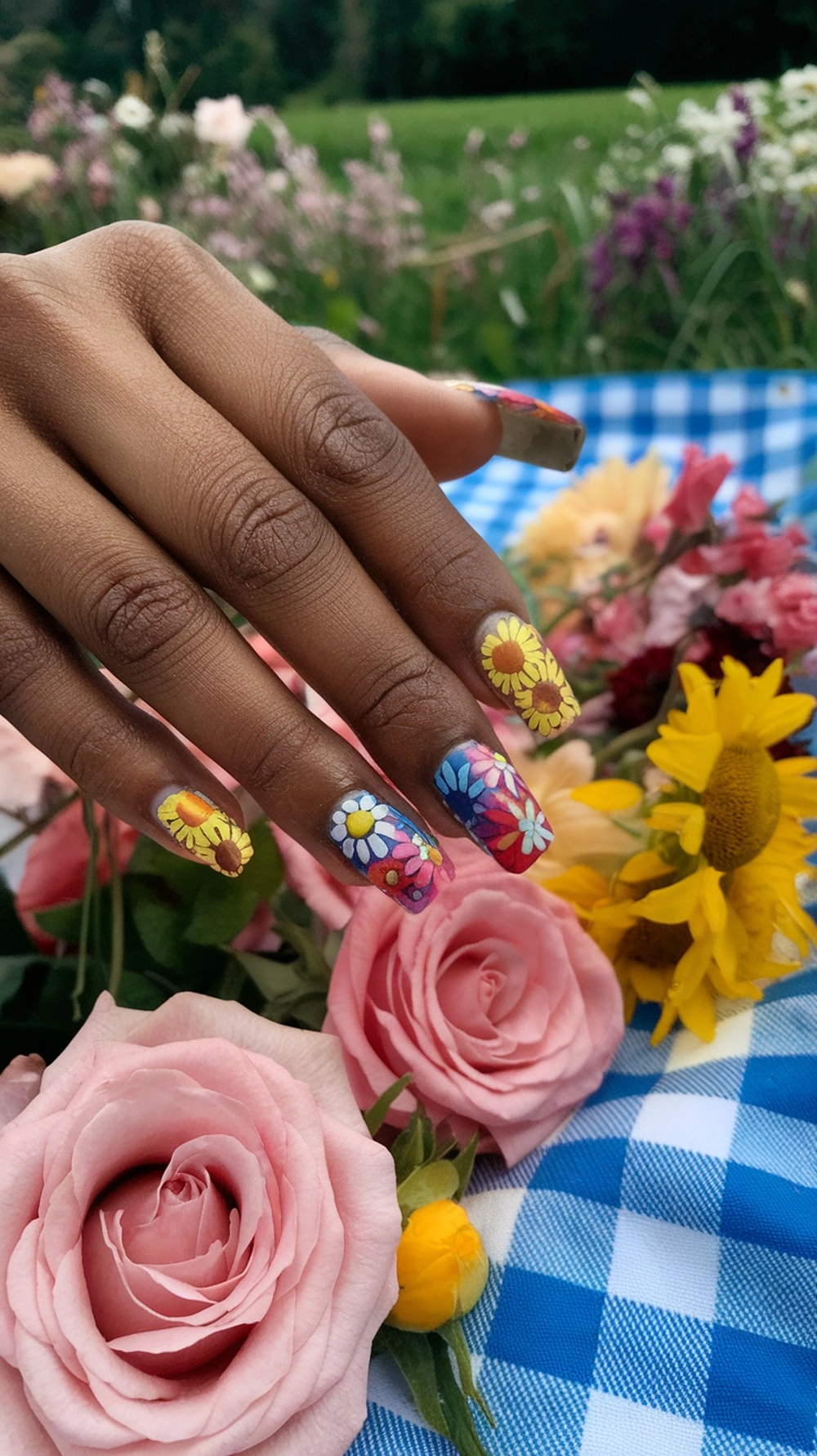 A close-up of a hand with colorful floral nail art against a backdrop of flowers.