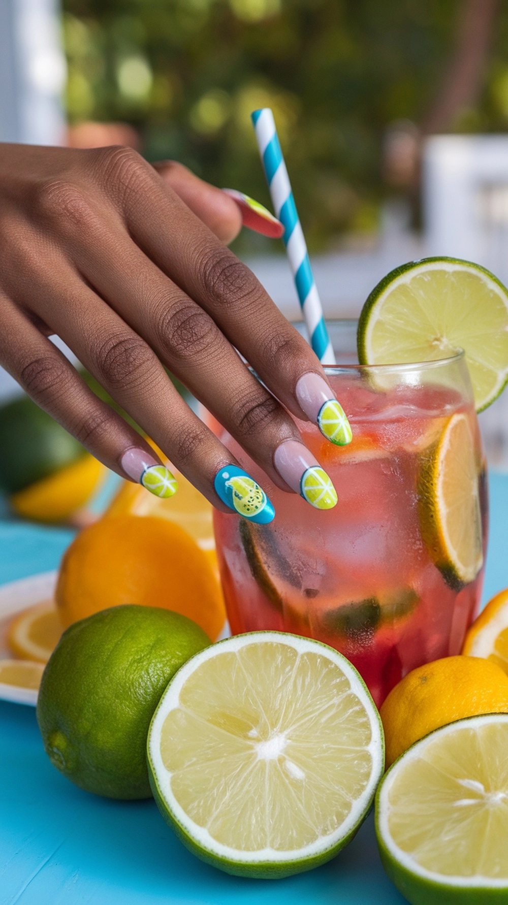 A hand with colorful fruit slice nail art next to a glass of lemonade and fresh citrus fruits.
