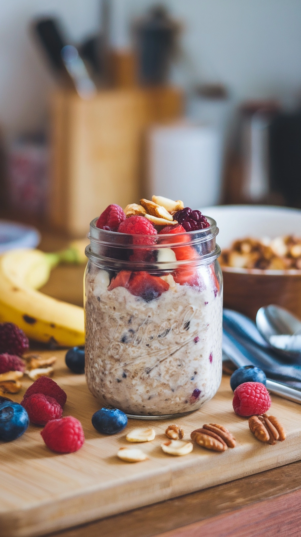 A jar of fruit and nut overnight oats topped with berries and nuts, with a banana in the background.