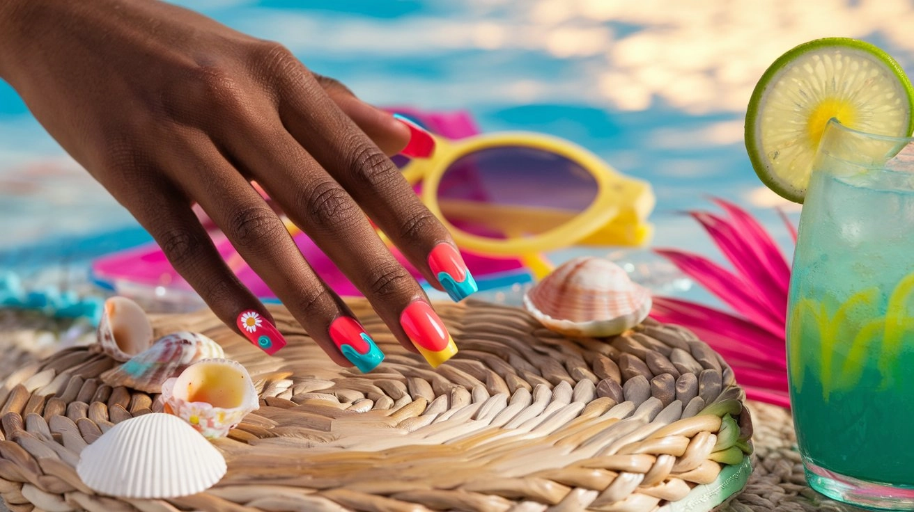 20 Fun Summer Nails to Try This Season 1 Close-up of vibrant summer nails with coral, turquoise, yellow, and daisy designs, styled with beach accessories and a tropical drink.