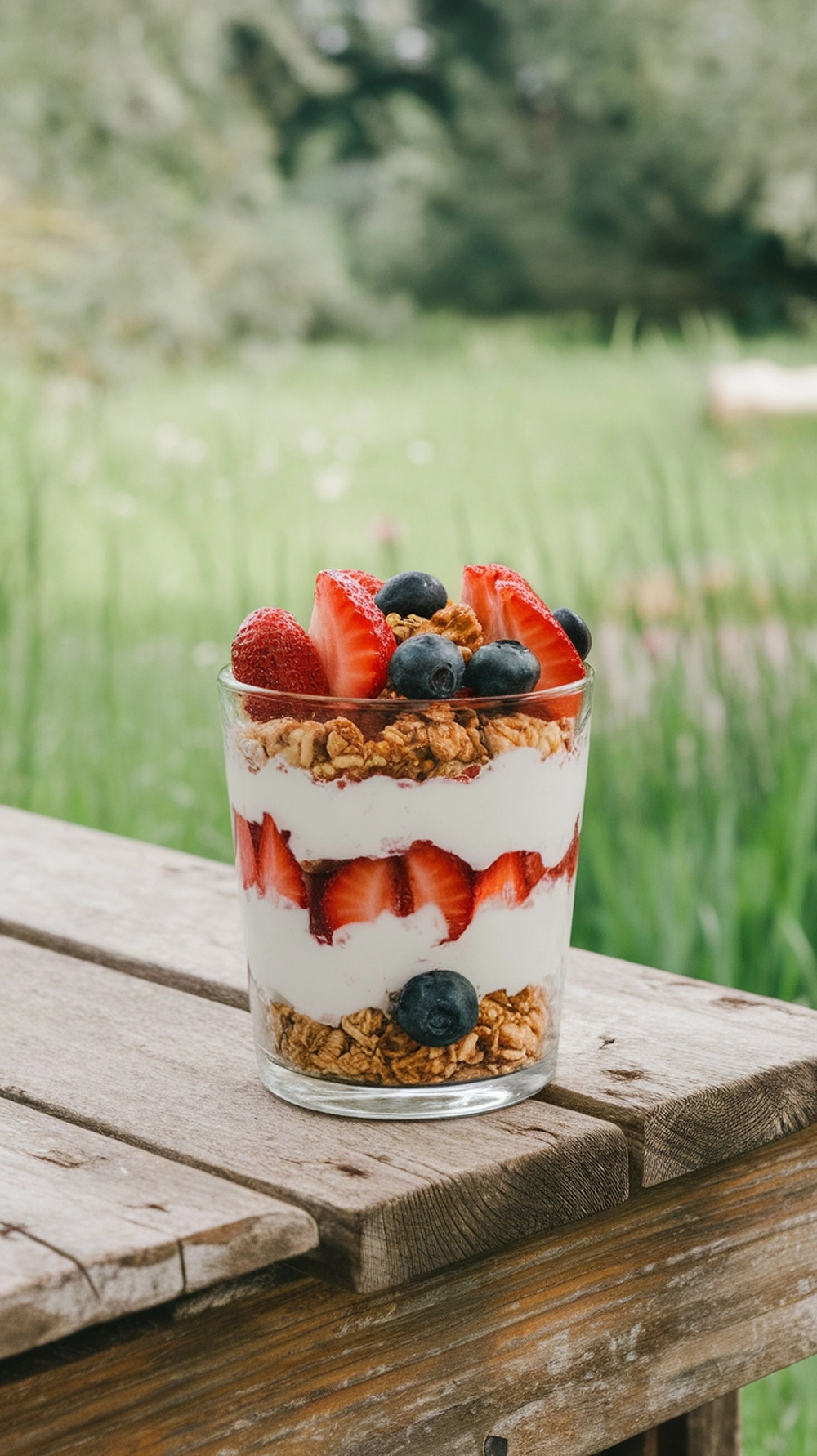 A Greek yogurt parfait with strawberries, blueberries, and granola in a clear glass on a wooden table.