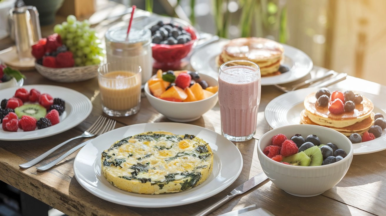 10 Irresistible Summer Breakfast Ideas to Start Your Day 1 Summer breakfast ideas featuring egg white frittata with spinach and feta, fresh fruit bowls, smoothies, and berry pancakes on a rustic wooden table in morning light.