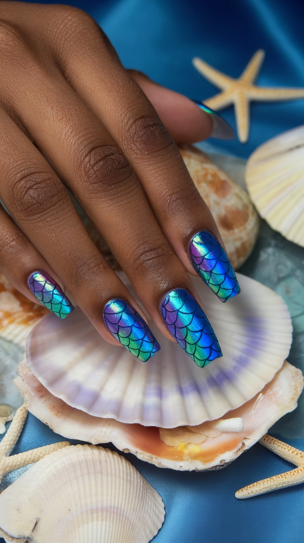 Nails with a mermaid scale design featuring shimmering blue and green colors.