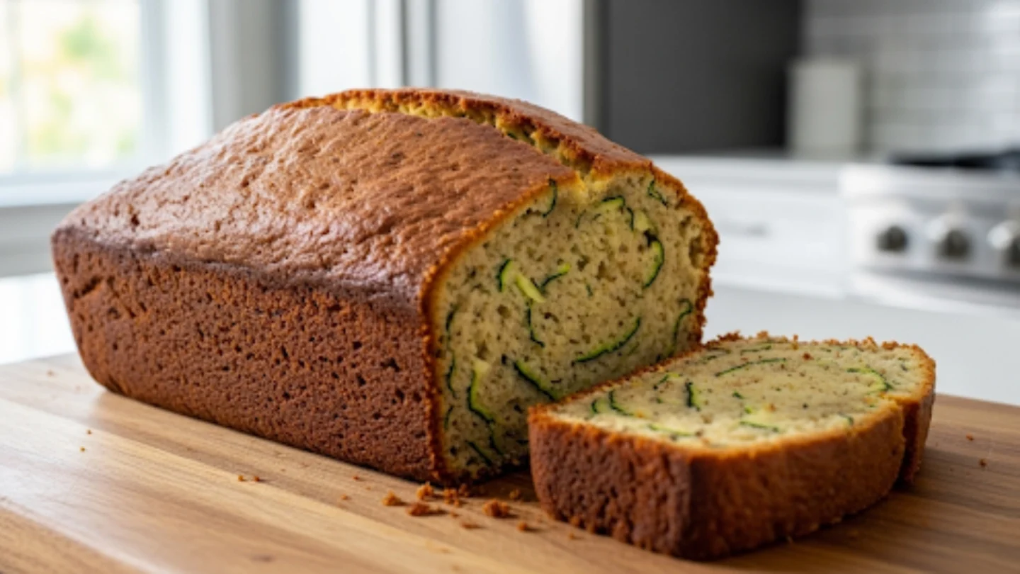 My Go-To Zucchini Bread Recipe (Perfectly Moist!) 1 A freshly baked loaf of moist zucchini bread recipe on a wooden cutting board, with one slice cut to show the tender interior.