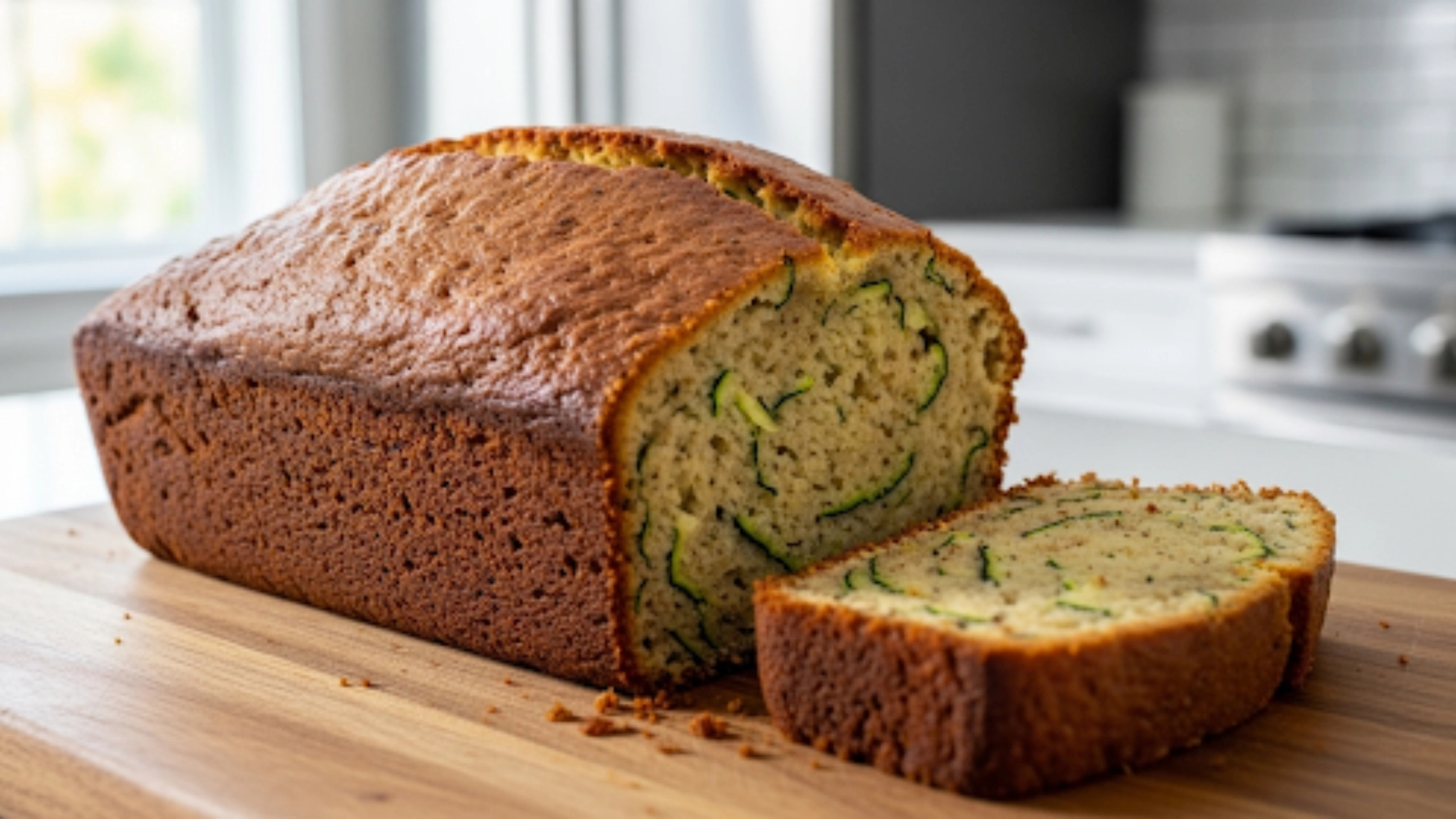 A freshly baked loaf of moist zucchini bread on a wooden cutting board, with one slice cut to show the tender interior.