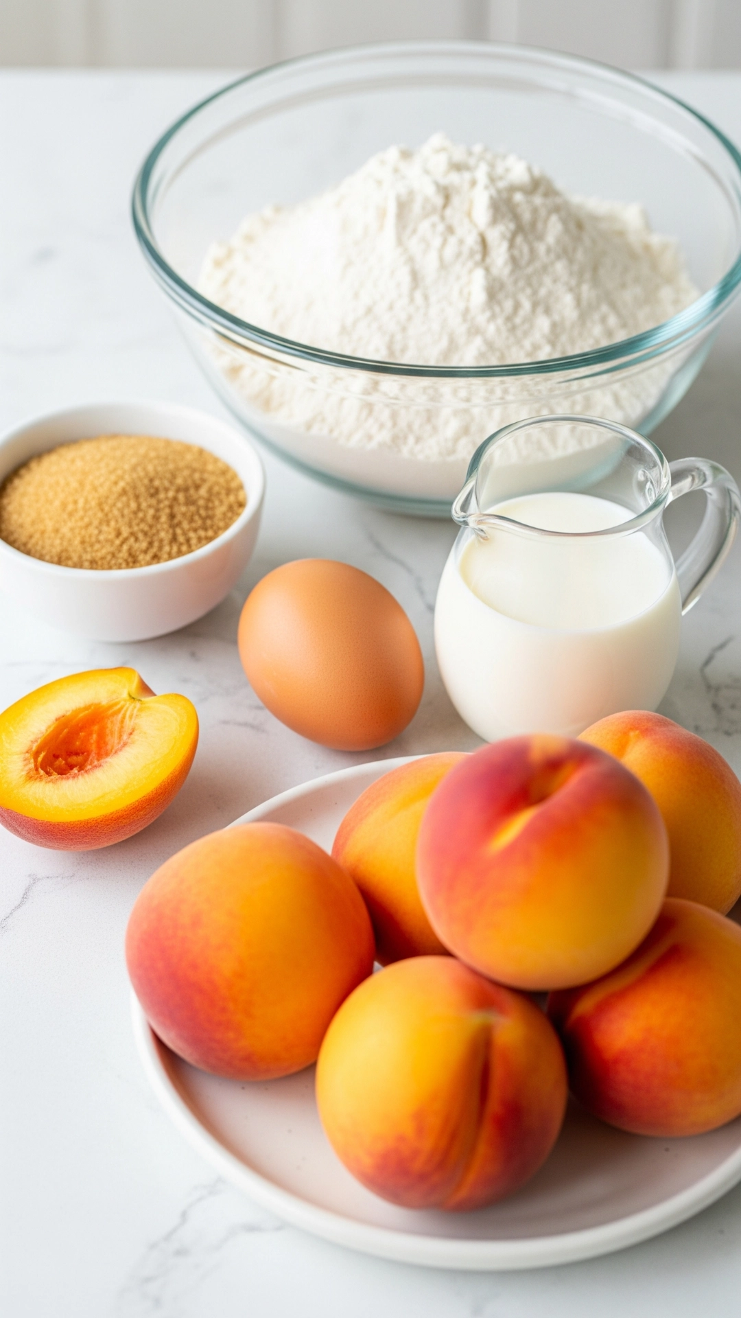 A shot showing the ingredients for the peach muffins—flour, sugar, eggs, fresh peaches—arranged neatly on a wooden board.