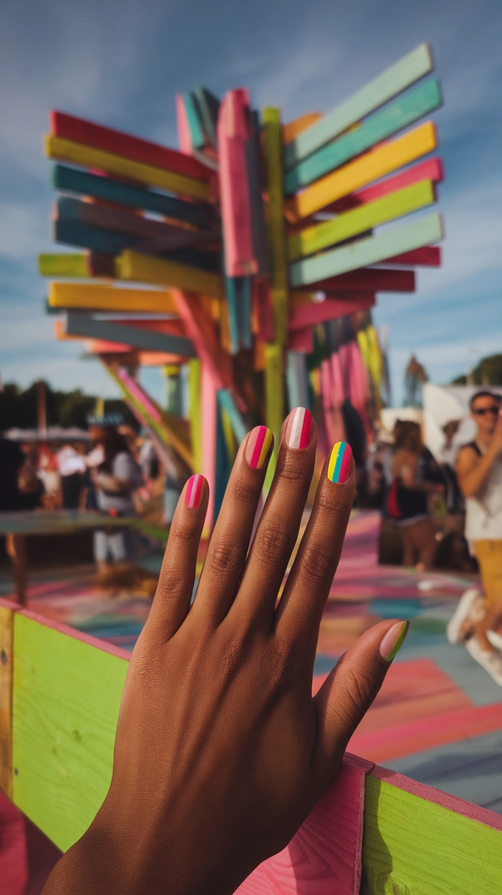 Colorful neon color block nails with heart designs