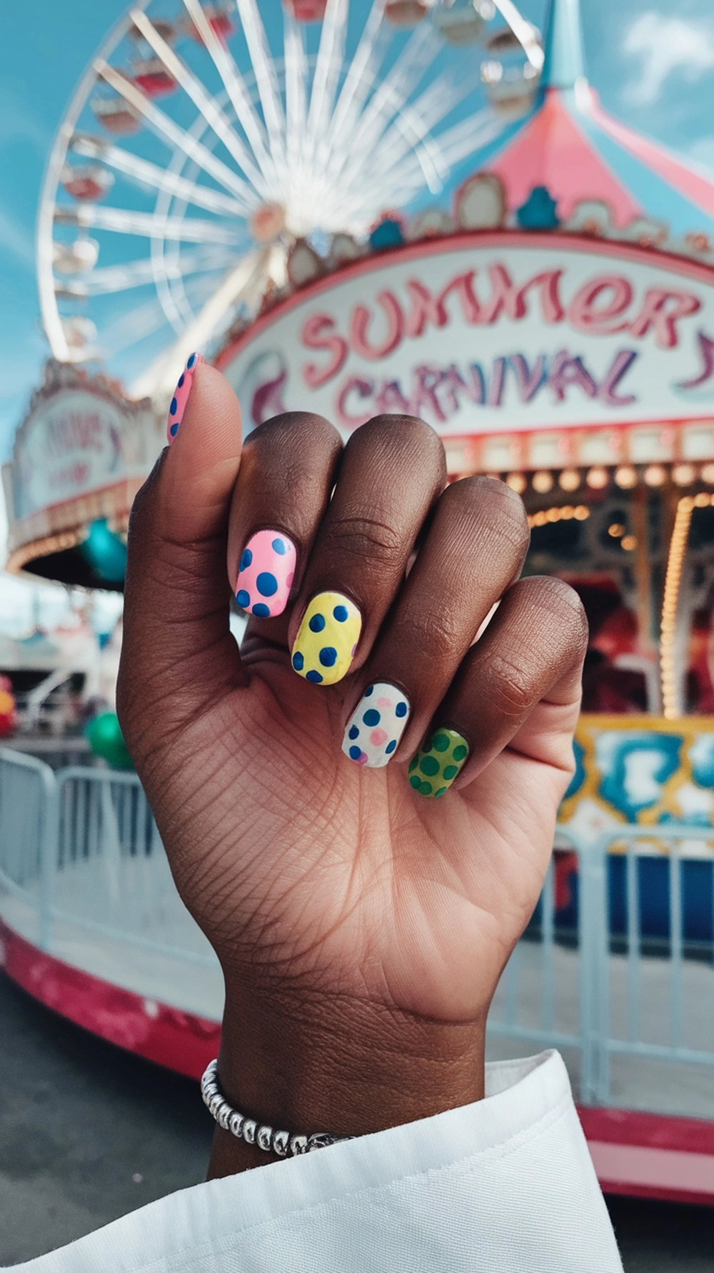 Colorful polka dot nail design with a carnival background