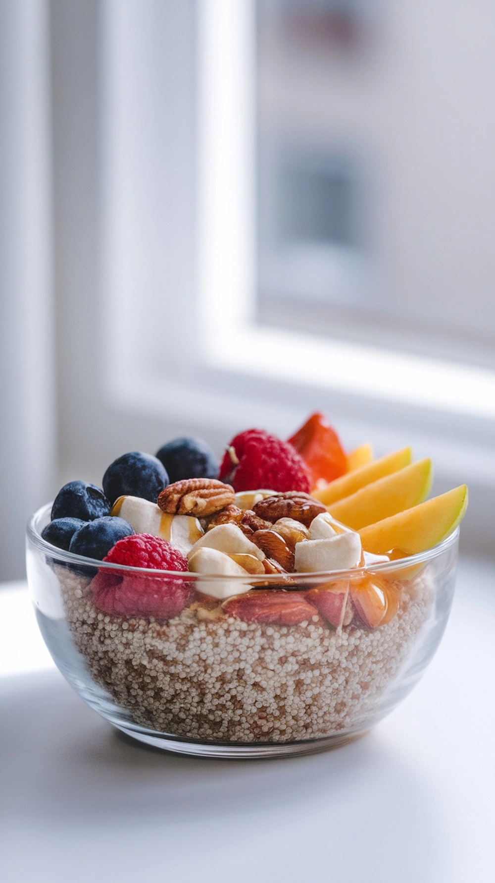 A quinoa breakfast bowl topped with seasonal fruits like blueberries, raspberries, and apple slices.