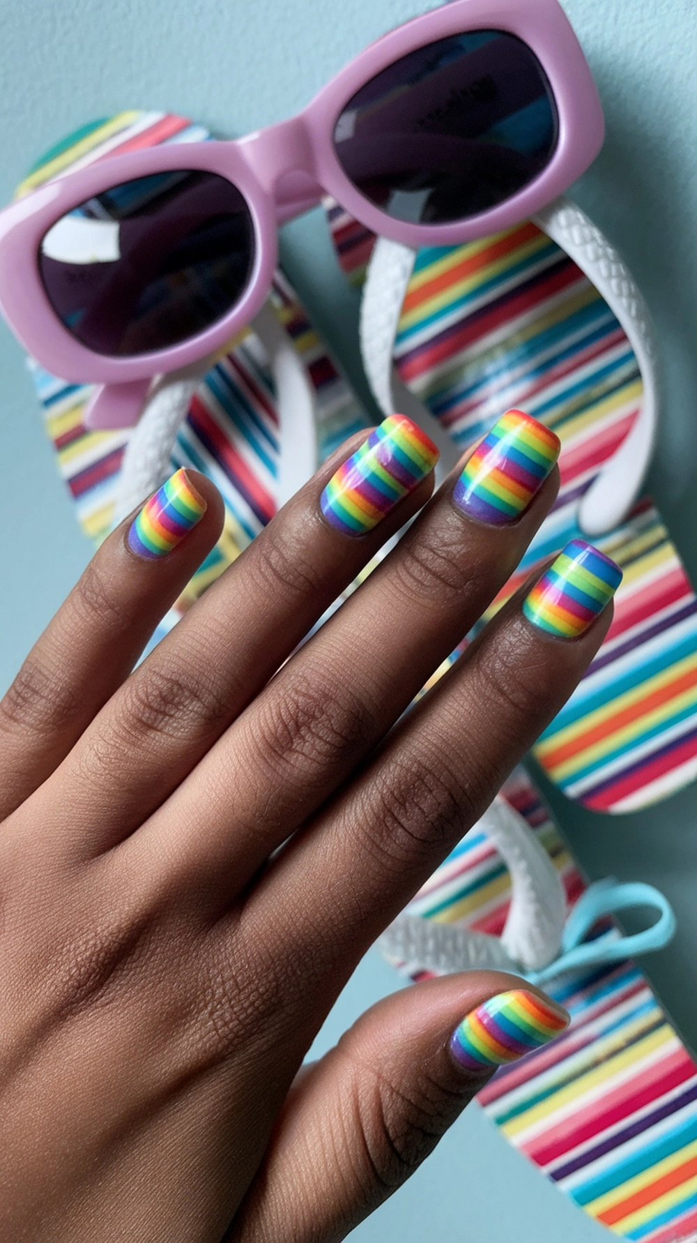 Colorful rainbow striped nails with flip-flops and sunglasses