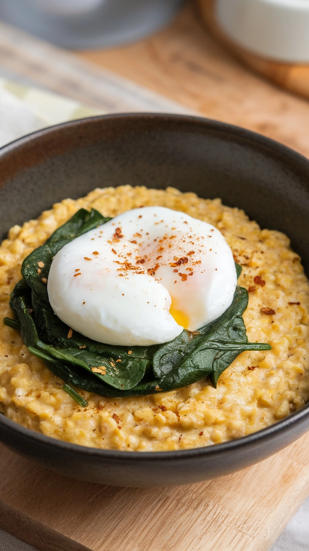 10 Irresistible Summer Breakfast Ideas to Start Your Day 2 A bowl of savory oatmeal topped with spinach and a poached egg.