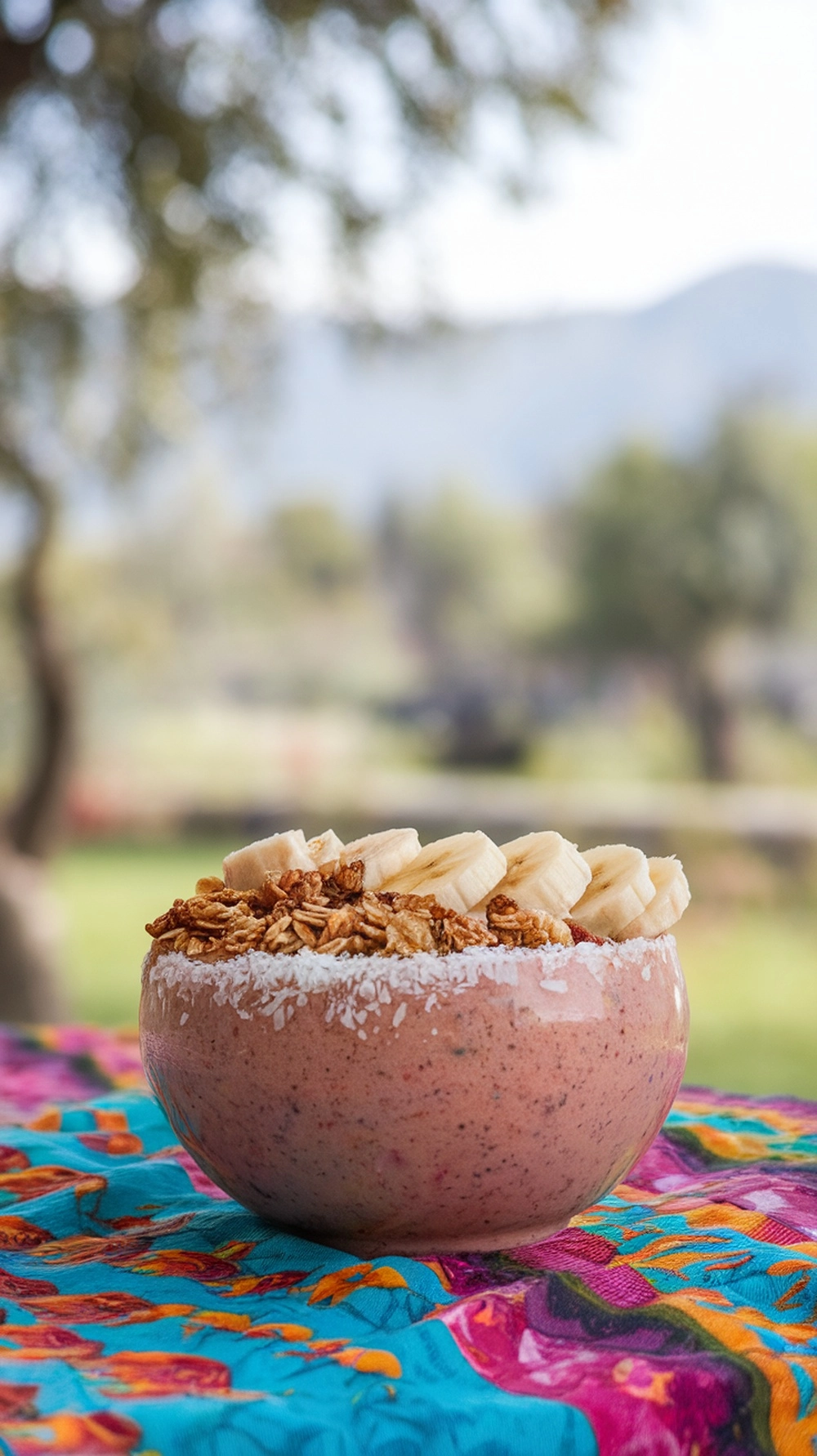 A smoothie bowl topped with granola, banana slices, and coconut flakes, placed on a colorful tablecloth outdoors.