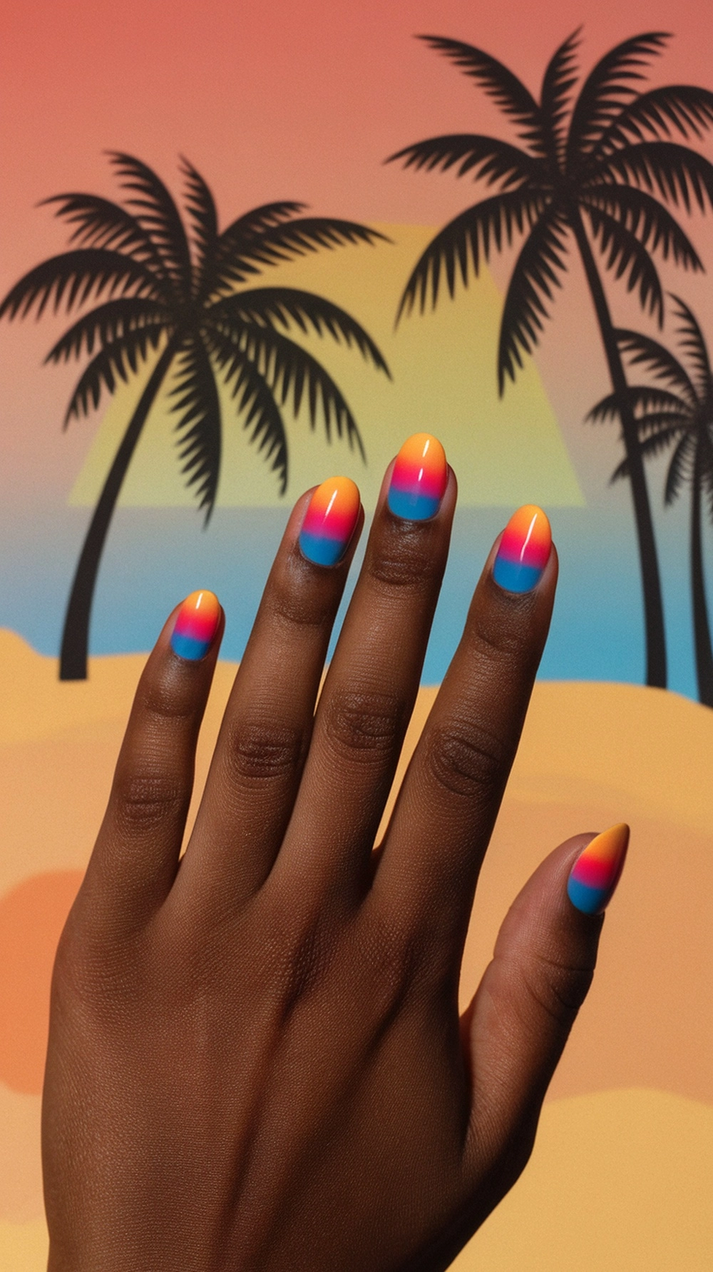 A hand with sunset gradient nails featuring orange, pink, and blue colors against a beach background.