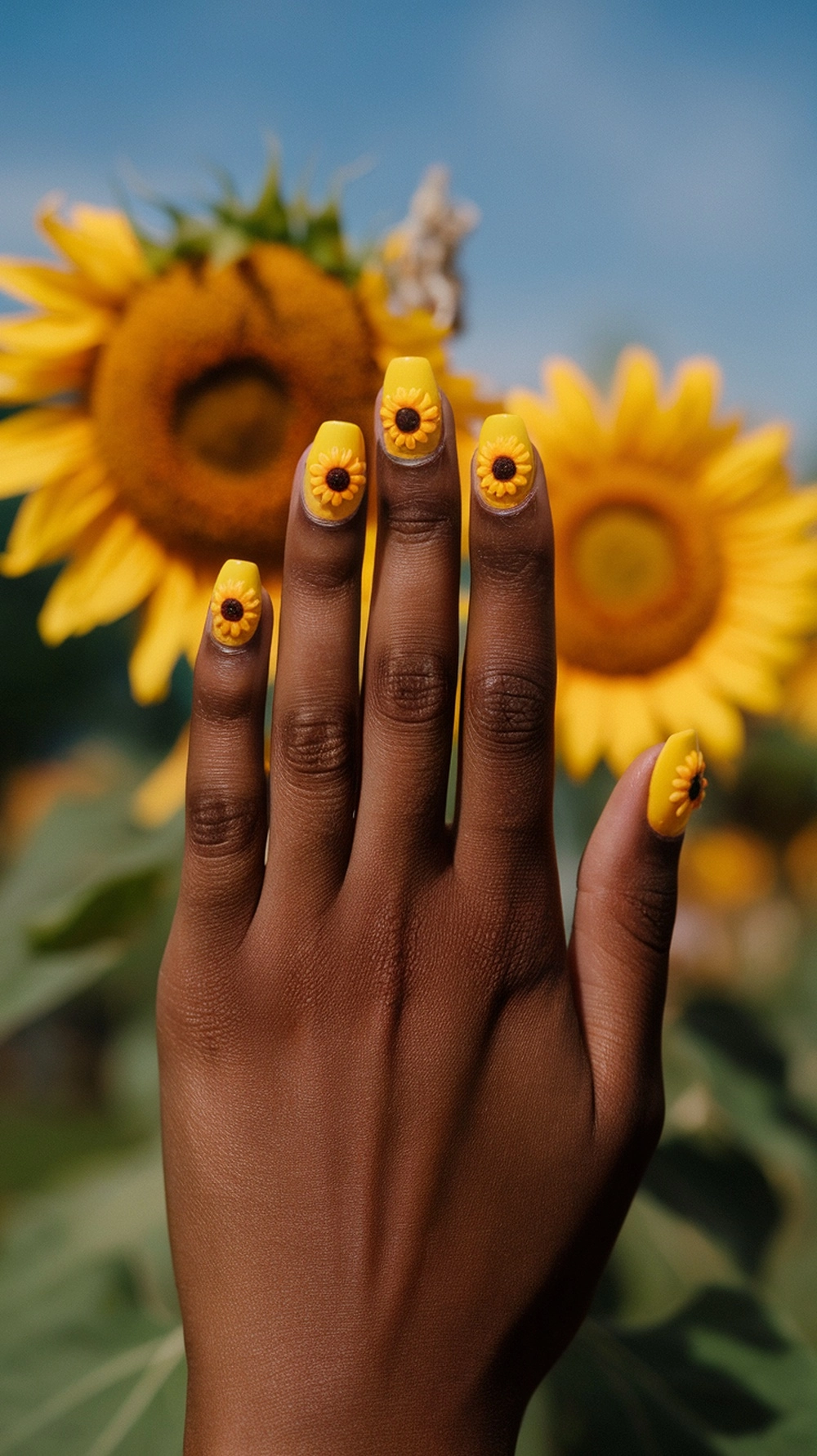 A hand with sunshine yellow nails featuring sunflower designs, set against a backdrop of sunflowers.