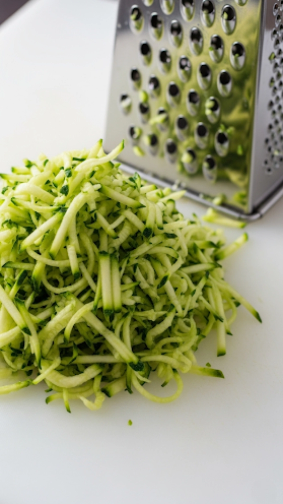 A pile of freshly grated zucchini on a white cutting board next to a box grater, showing the preparation step for zucchini bread.