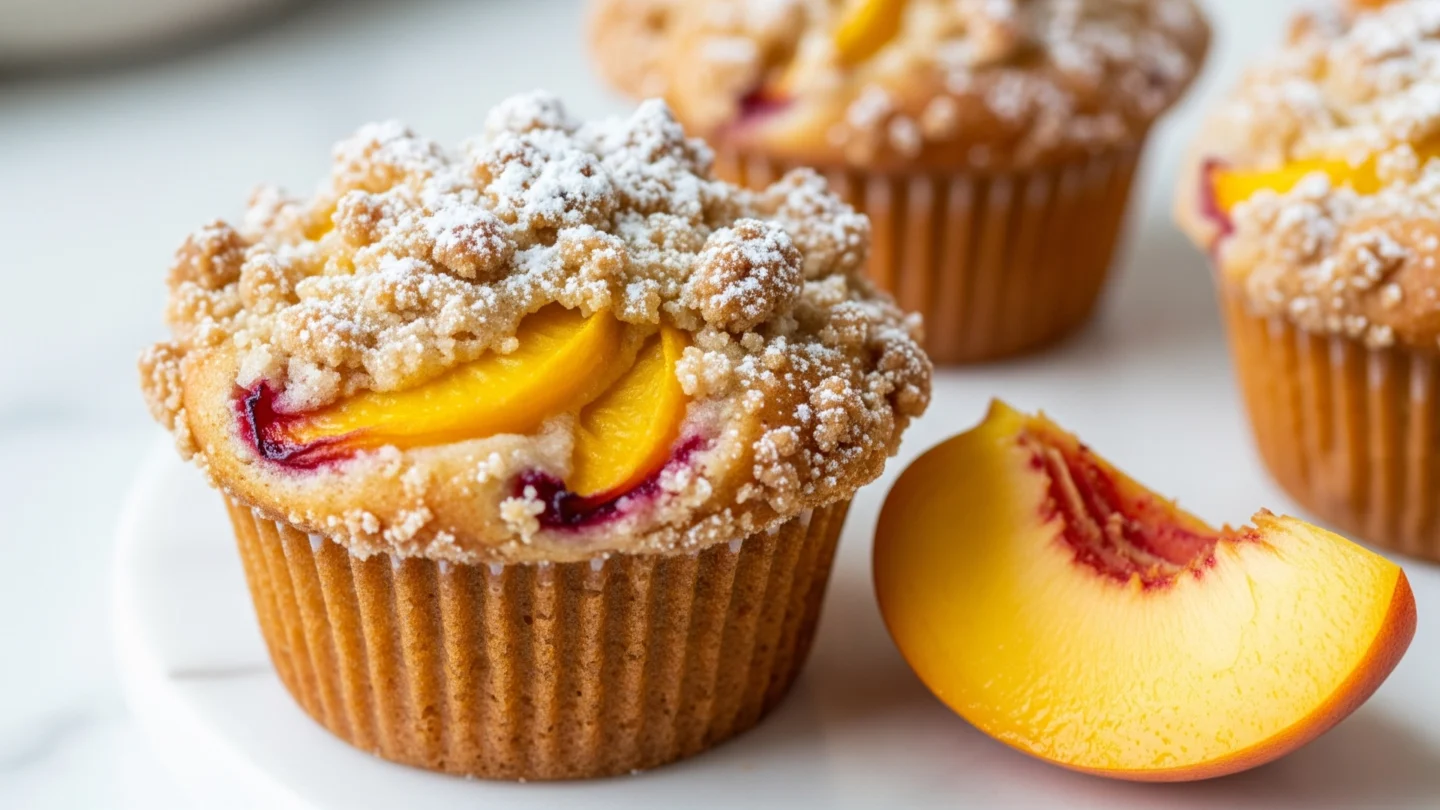 A close-up of a golden peach crumble muffin with streusel topping, dusted with powdered sugar, next to a fresh peach slice on a white marble surface.