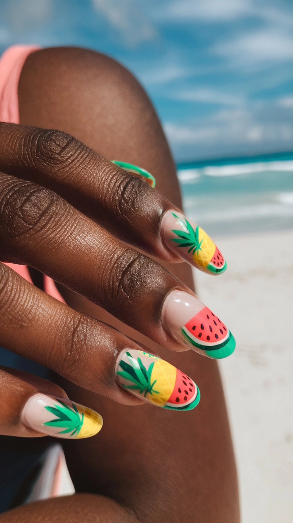 Tropical fruit nail art featuring watermelon and pineapple designs on nails.