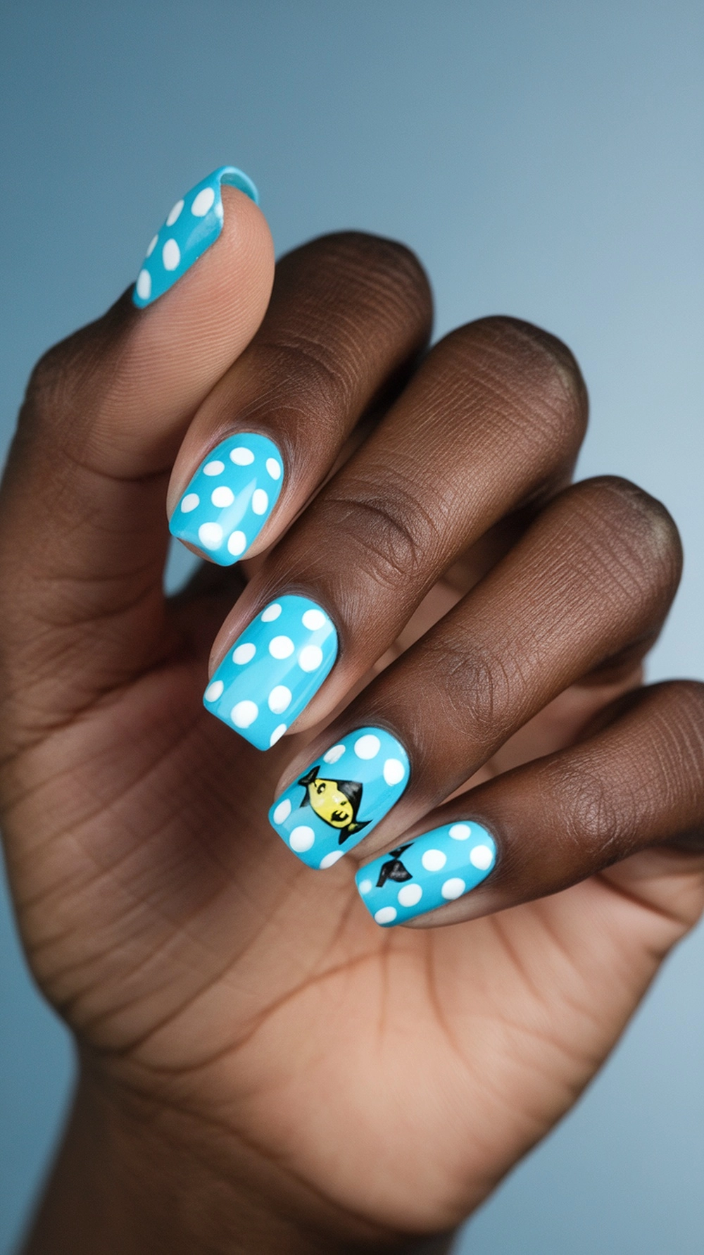 A hand with blue polka dot nails featuring a duck design.