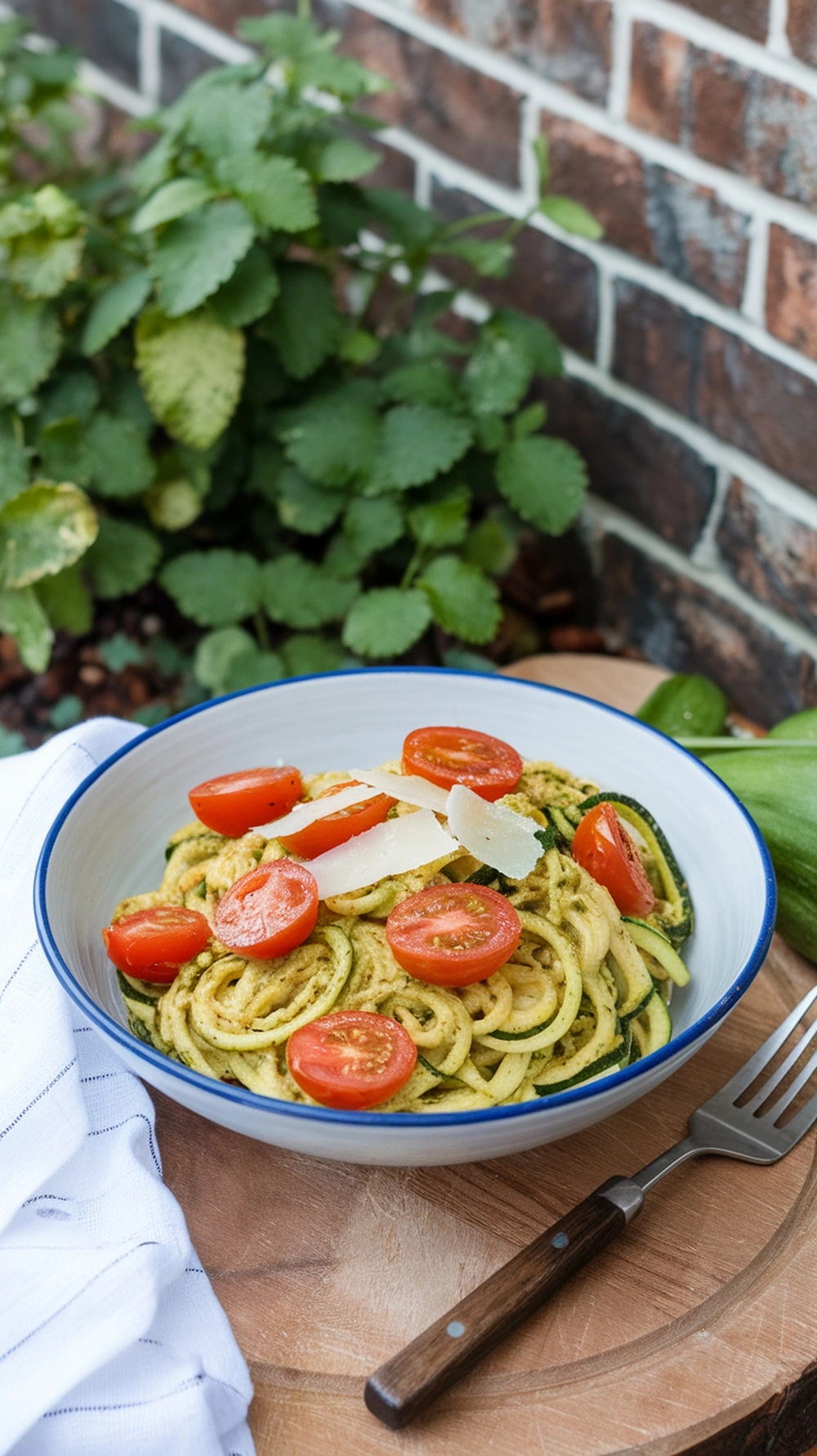 A bowl of zucchini noodles with pesto and cherry tomatoes, garnished with Parmesan cheese, on a wooden surface.