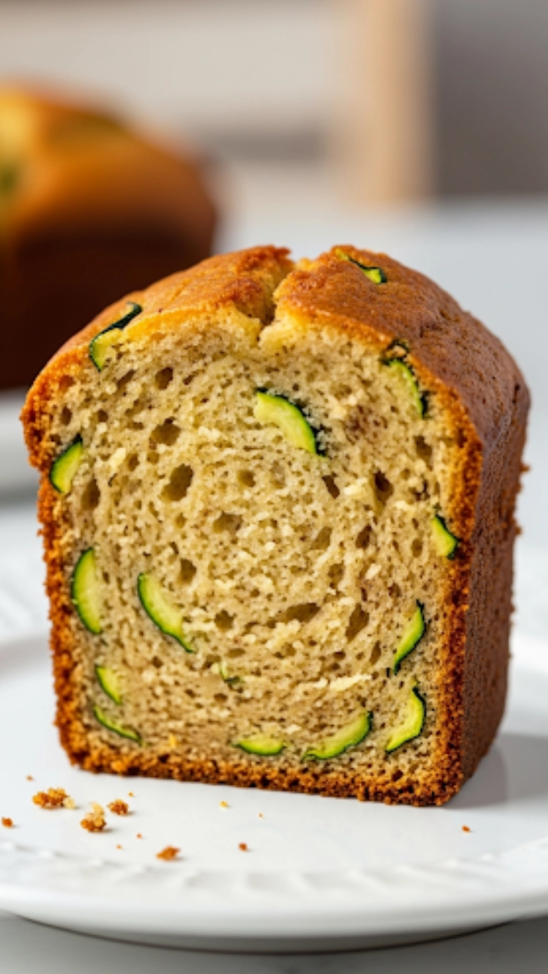 A perfect slice of moist zucchini bread standing on a white plate, showing the soft texture and green flecks of zucchini.