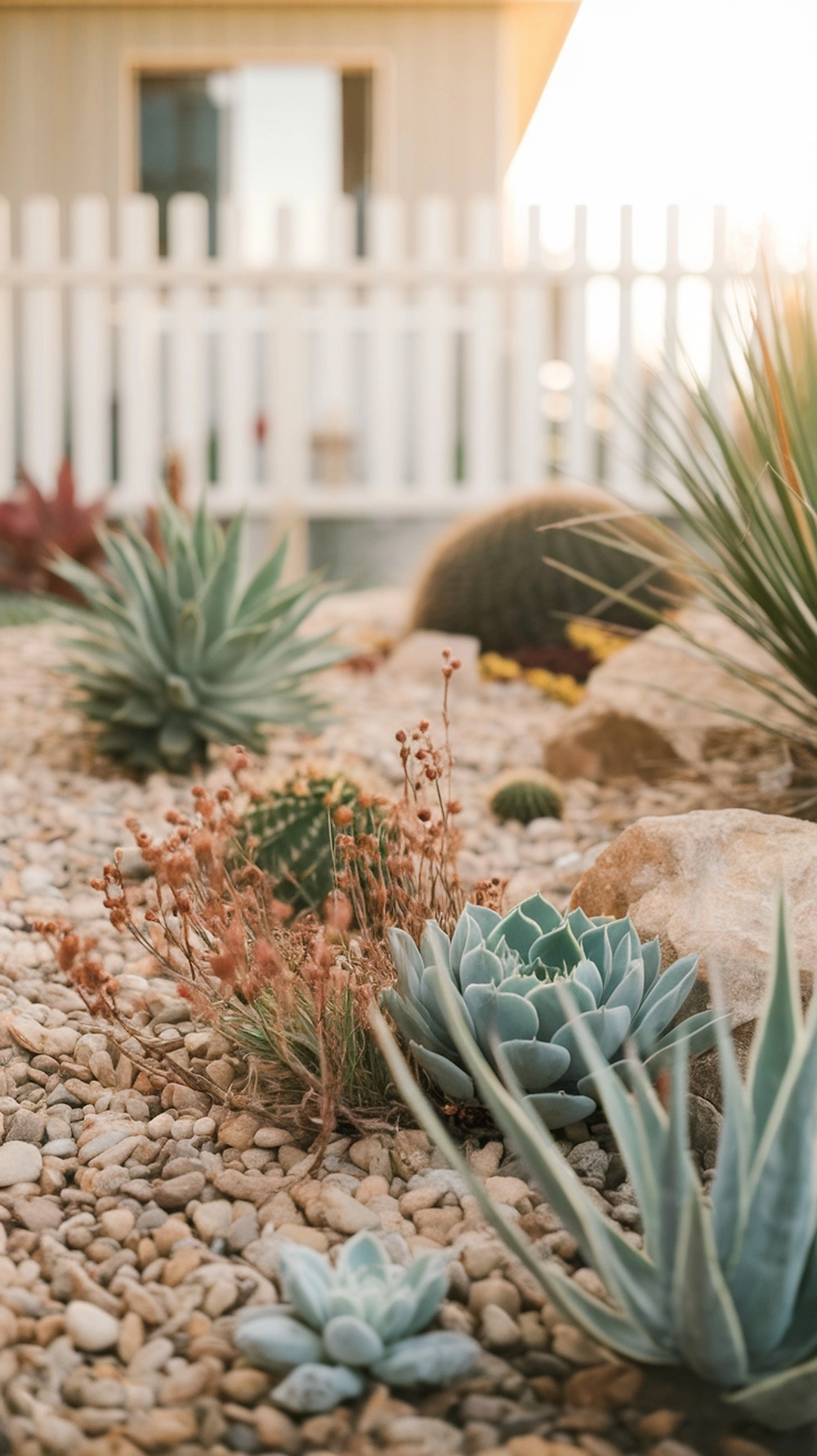 low maintenance flower beds in front of house with drought-tolerant plants
