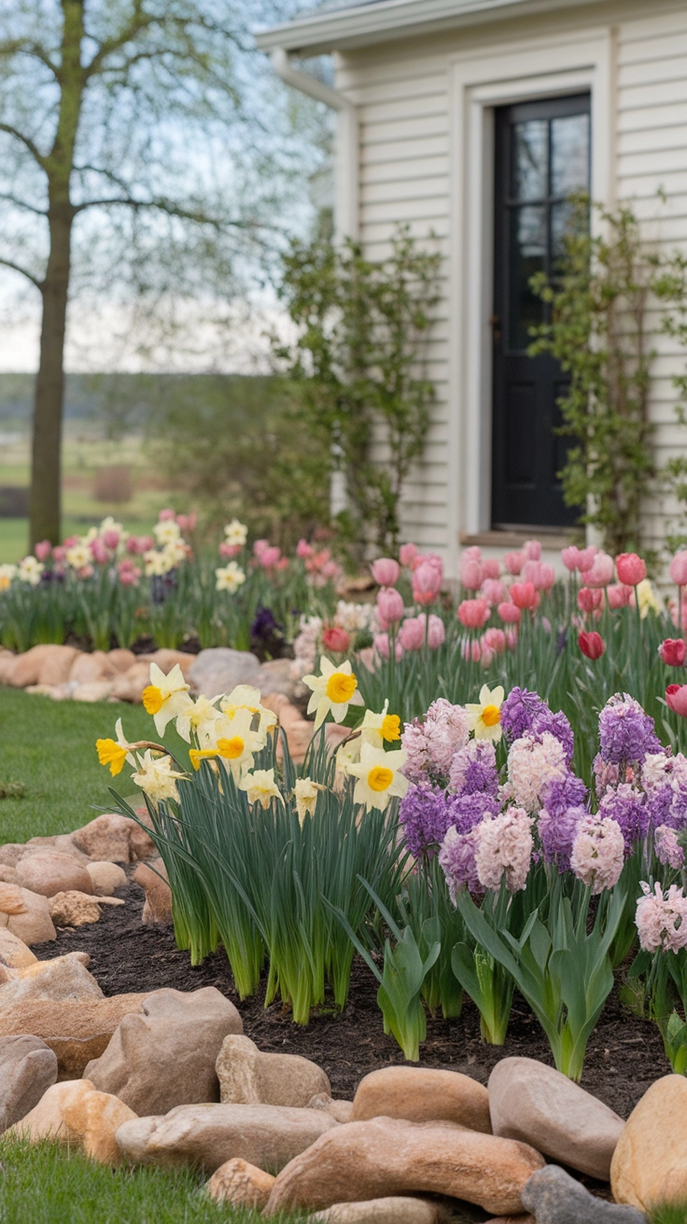 river rock flower beds in front of house