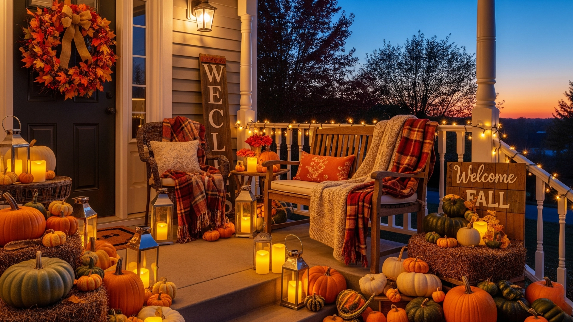 A cozy front porch decorated for fall at twilight, featuring a bench with plaid blankets, dozens of pumpkins on hay bales, glowing lanterns, and a "Welcome Fall" sign.