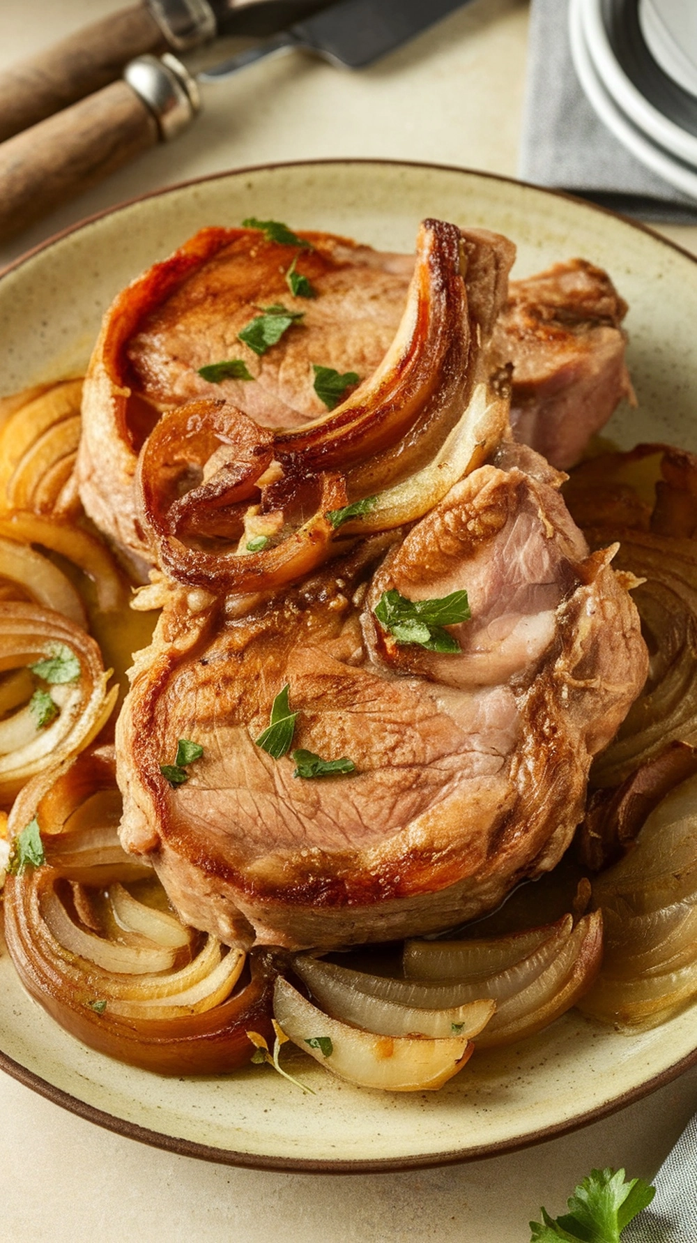 18 Easy and Delicious Fall Dinner Ideas for Cozy Nights 6 Apple cider braised pork chops with caramelized onions and herbs on a plate.