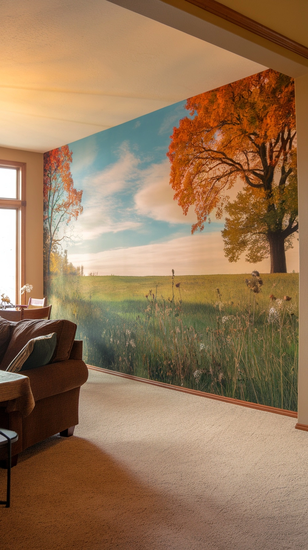 A cozy living room featuring a large mural of an autumn landscape with colorful trees and a blue sky.