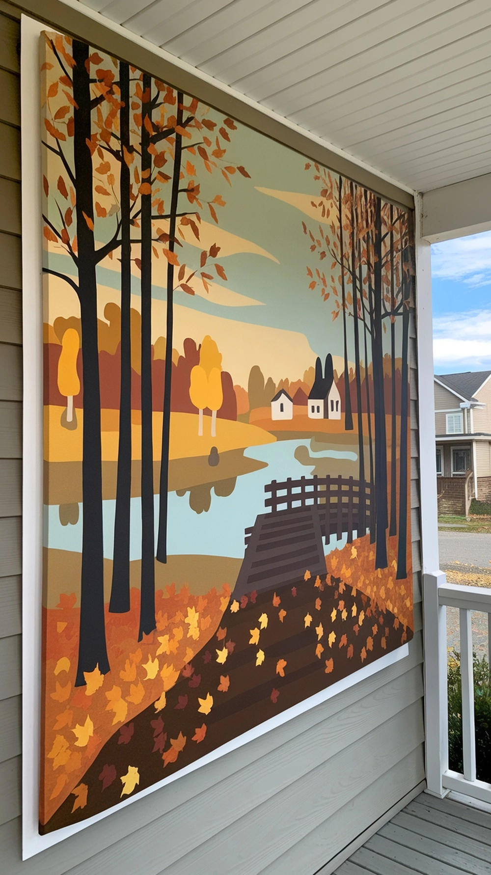 18 Cozy Fall Porch Decor Ideas to Welcome Autumn 17 A colorful mural depicting a fall landscape with trees, a river, and houses.