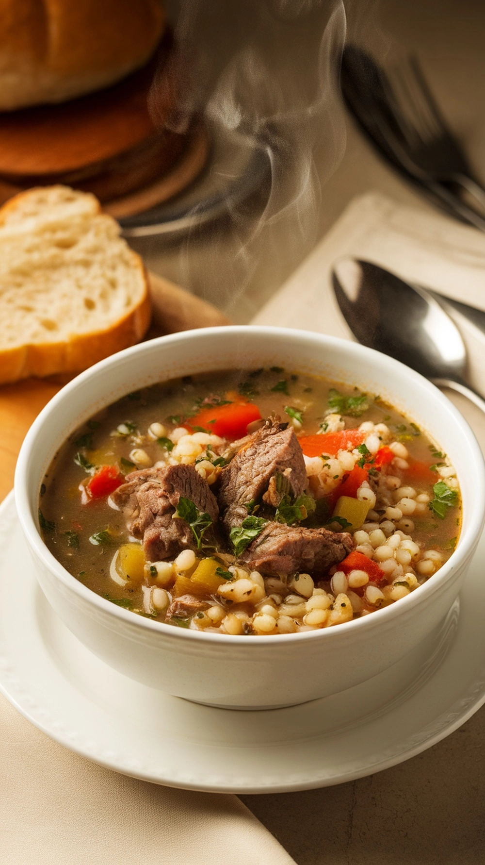 18 Easy and Delicious Fall Dinner Ideas for Cozy Nights 14 A bowl of beef and barley soup with vegetables, served with bread.