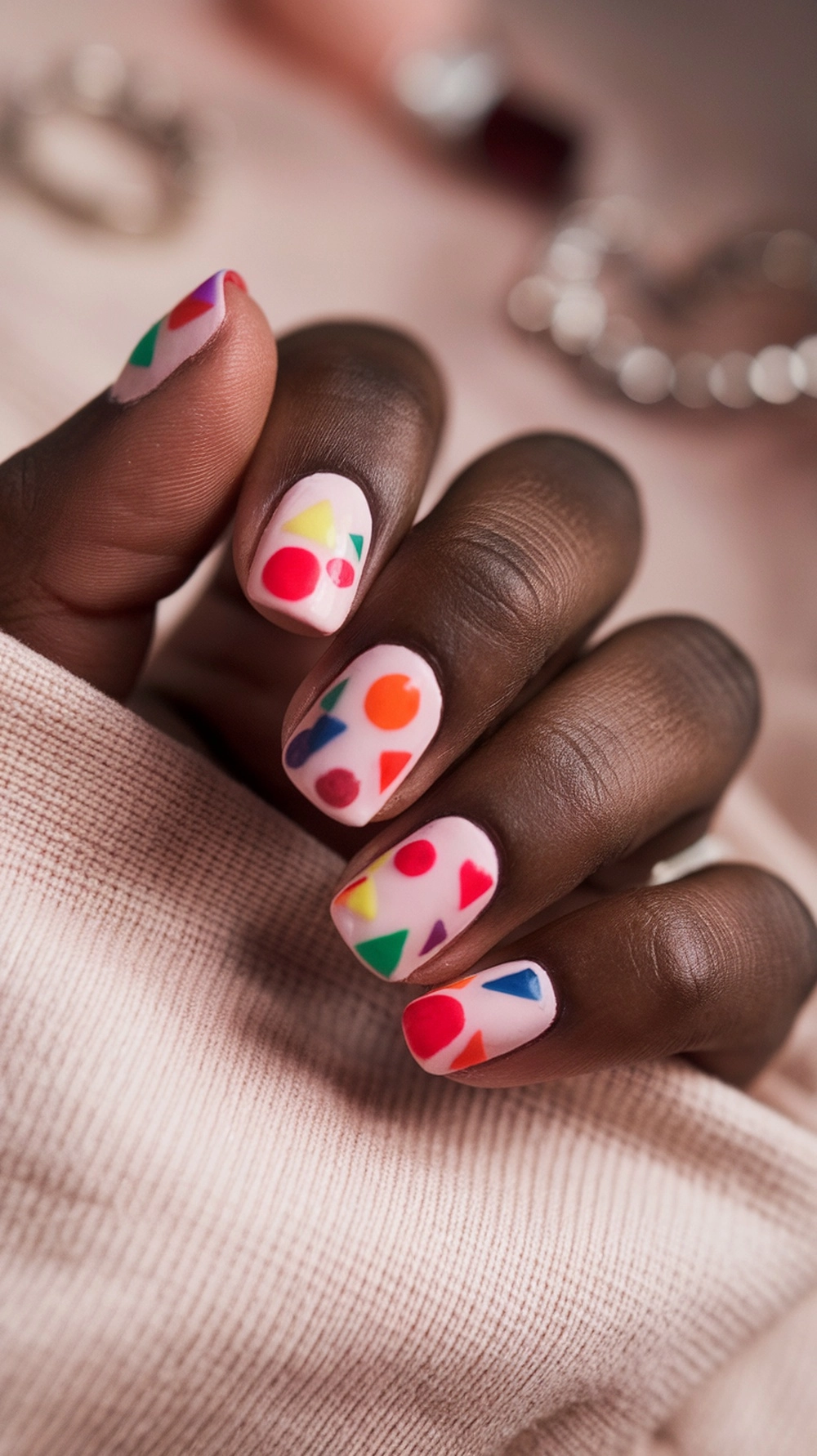 16 Cute Boho Nail Ideas You’ll Love 6 Colorful geometric nail art on a hand with a soft pink background