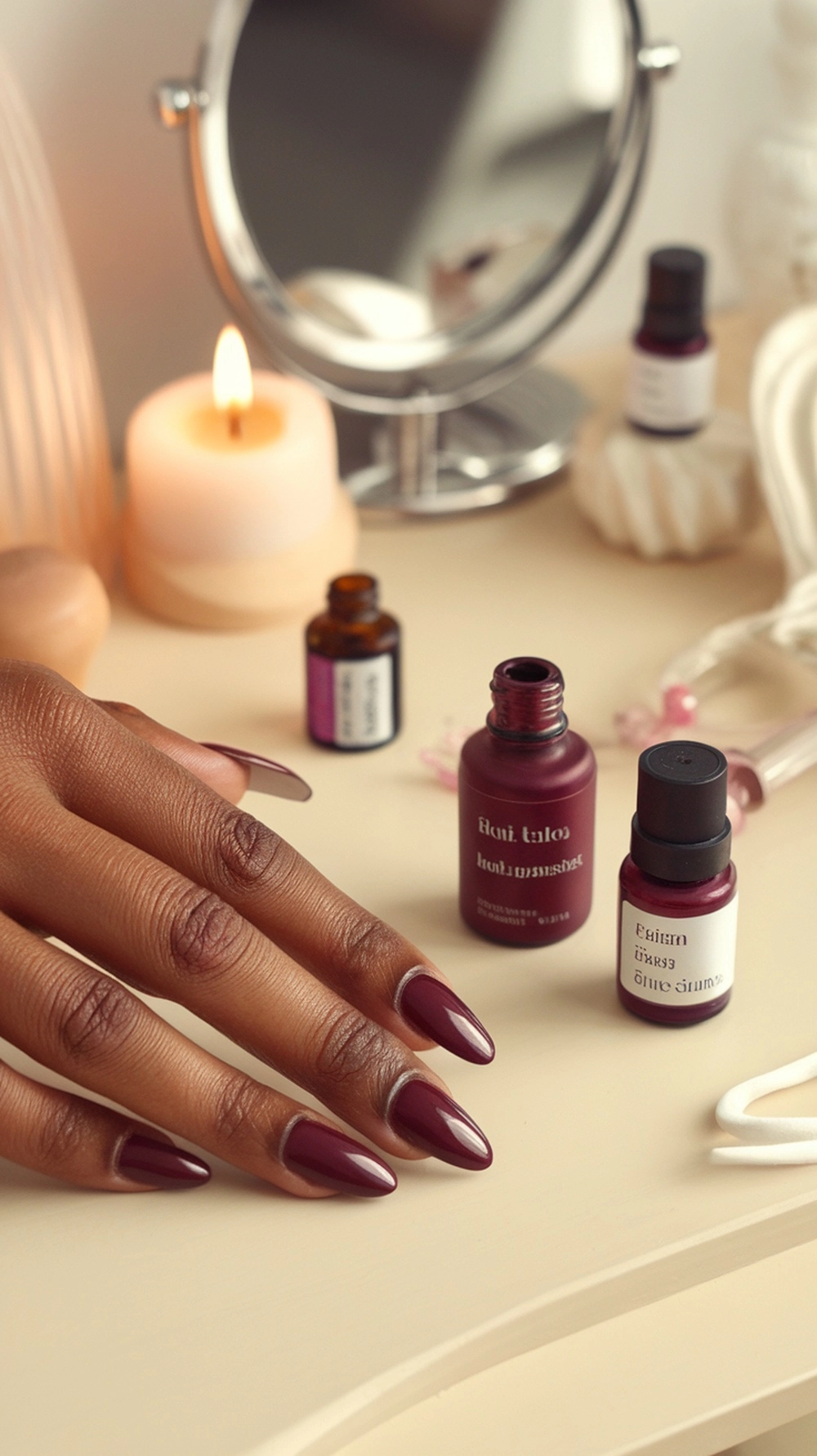 How to Style Burgundy Nail Designs for a Bold Stunning Look 24 A hand with burgundy nails and nail polish bottles on a vanity.