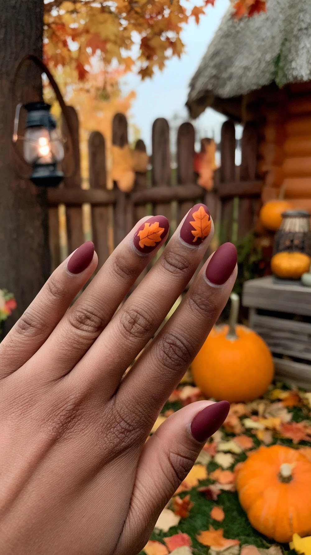 How to Style Burgundy Nail Designs for a Bold Stunning Look 12 A hand with burgundy nails featuring pumpkin and leaf designs, surrounded by autumn decorations.