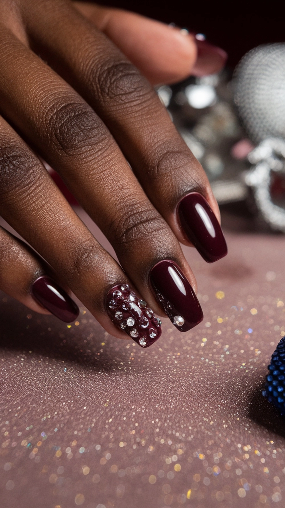 How to Style Burgundy Nail Designs for a Bold Stunning Look 16 A close-up of burgundy nails with rhinestones, showcasing a glossy finish and elegant design.